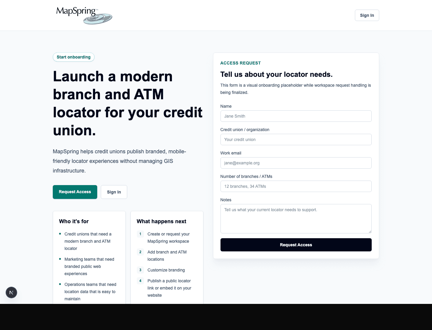 MapSpring onboarding page with branch and ATM locator access-request form