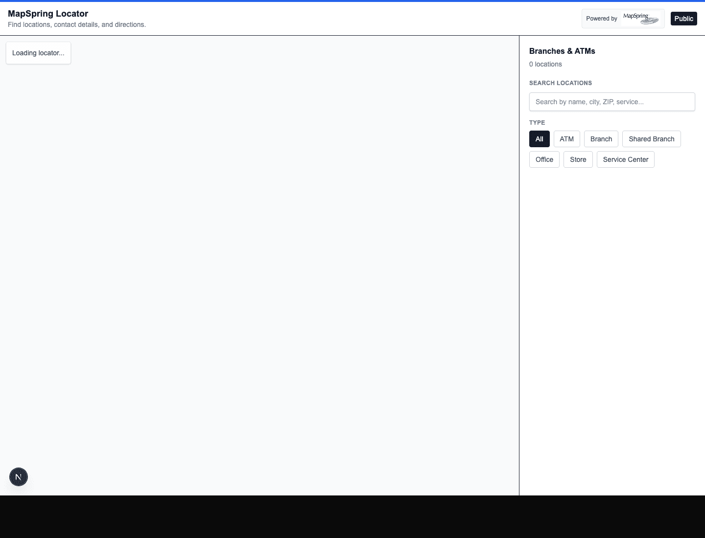 MapSpring public locator route shell with search and location-type filters