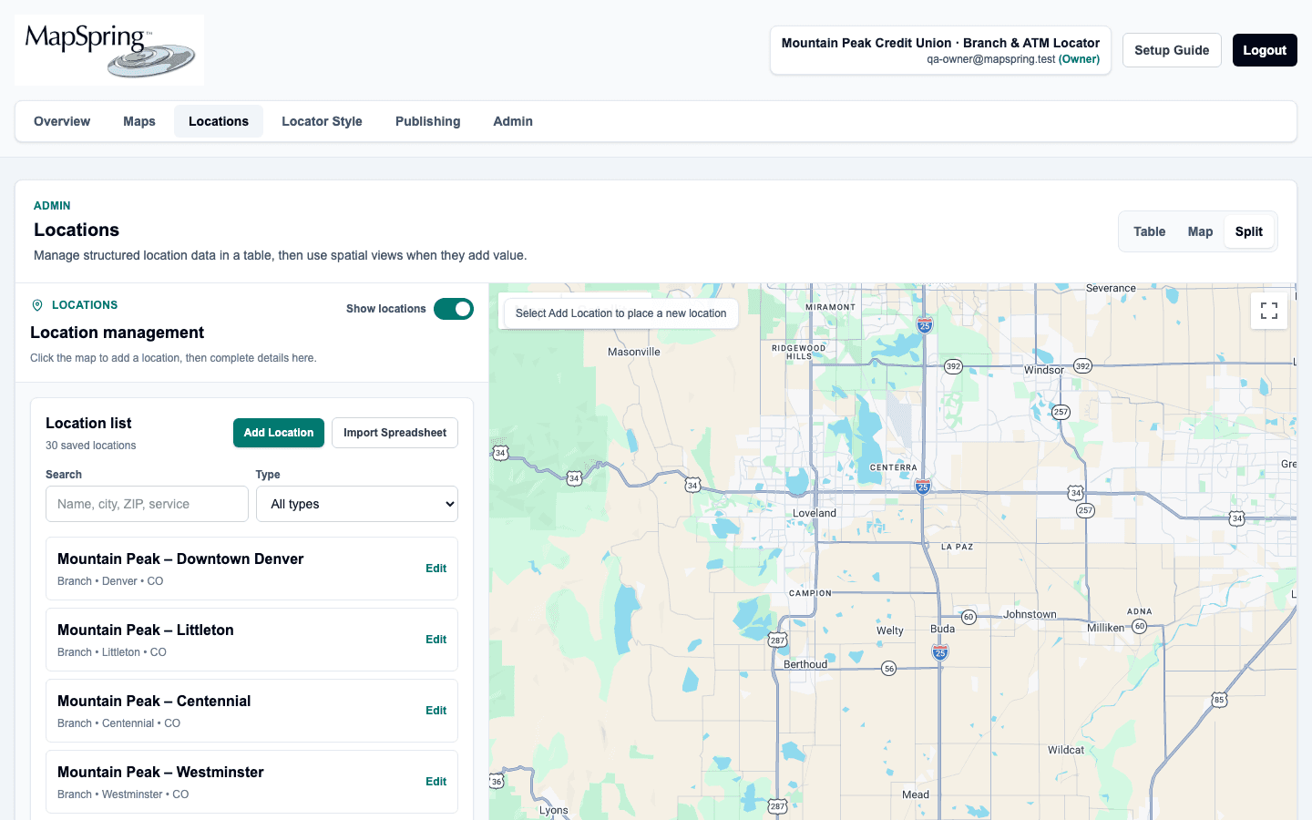 Reviewable source locations in the Mapspring management experience