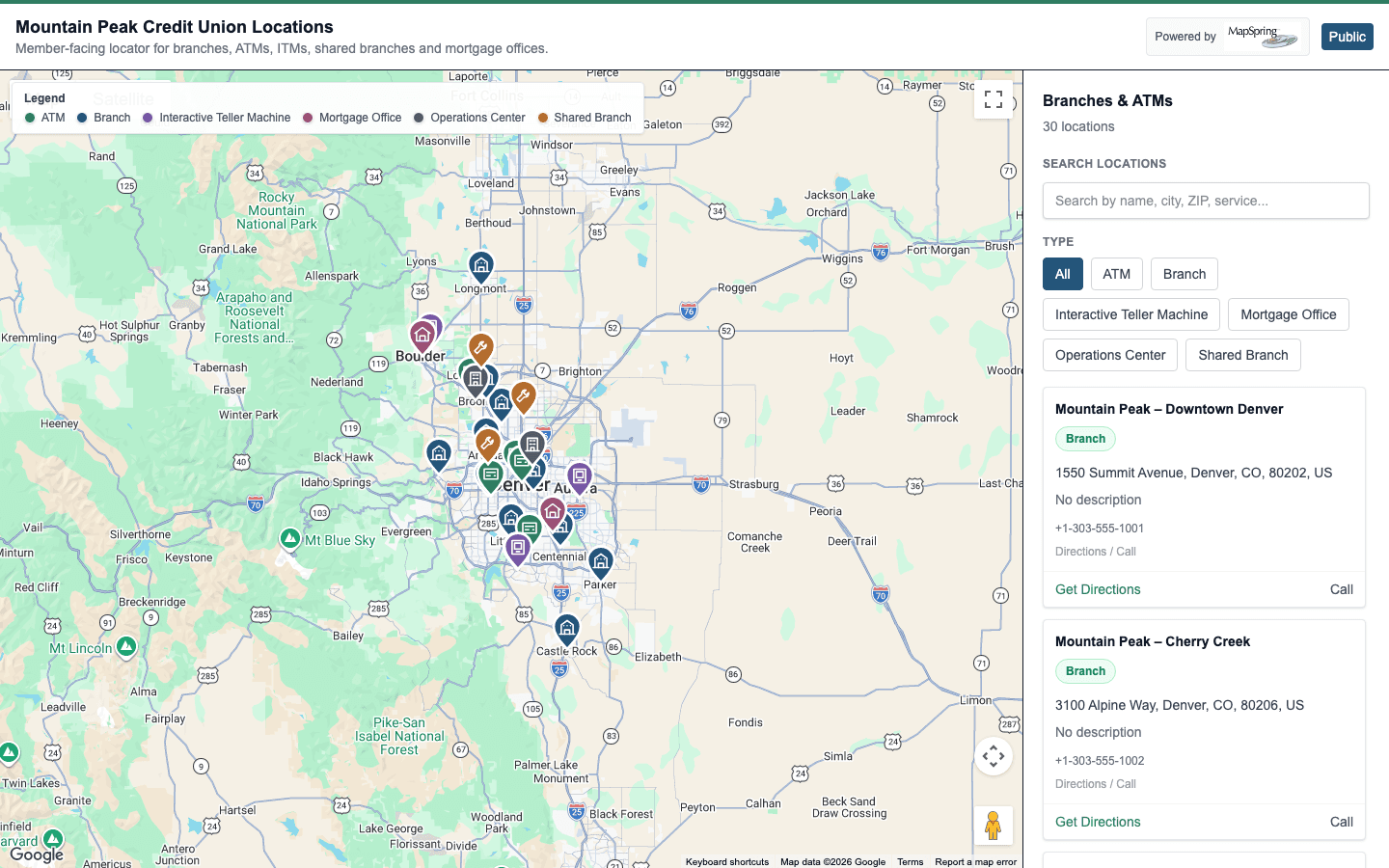 Mapspring locator showing the fictional Mountain Peak Credit Union fixture